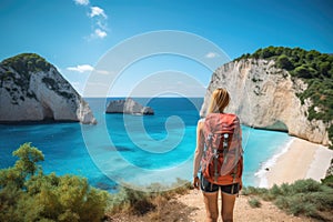 Young woman tourist with backpack standing on the edge of cliff in Zakynthos island, Greece, Young woman with backpack on the