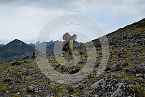 Young woman tourist walking on top of the mountain ridge Barguzinsky