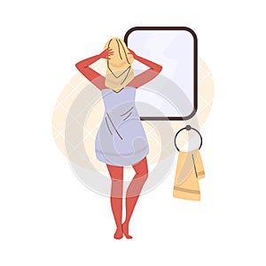 Young woman in towel looks into mirror, beauty spa treatments, skin care, hygiene procedure vector cartoon illustration