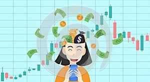 Young woman trading stocks market on smartphone get profits,Candlestick graph buy and sell sign, young girl  investing concepts,