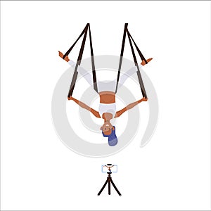 Young woman trainer blogger flat cartoon character balancing on hammock streaming online class