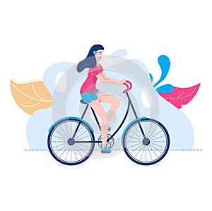 Young woman training bicycle, outdoor park physical activity, character female healthy body workout cartoon vector