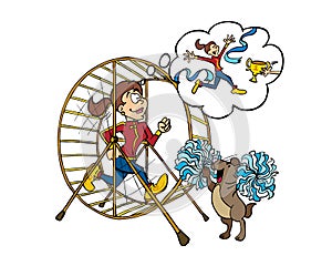 Young woman training inside of a hamster wheel.