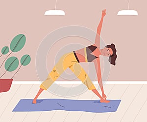 Young woman training or practising yoga at home. Female character stretching indoors. Yogini doing parivritta