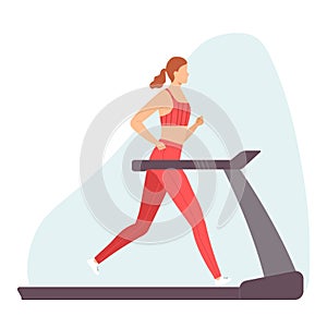 Young woman trains on a treadmill. Exercise machine. Healthy lifestyle. Vector illustration in hand drawn flat style