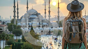 Young Woman Traveler Admiring Sunset Over Istanbul Mosque