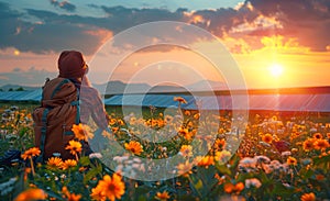 Young woman traveler enjoy the view of sunset on the flower field