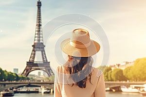 Young woman traveler in hat looking at Eiffel tower in Paris, France, Rear view of woman tourist in sun hat standing in front of