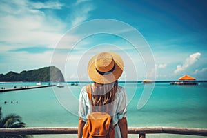 Young woman traveler in a straw hat on the background of the sea, Rear view of a happy travel woman on vacation concept, AI