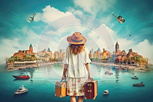 Young woman traveler with vintage suitcase on the beach. Travel concept, rear view of Happy travel woman on vacation concept, AI