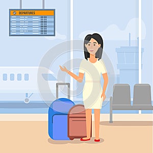 Young Woman Traveling by Airplane. Waiting Flight.