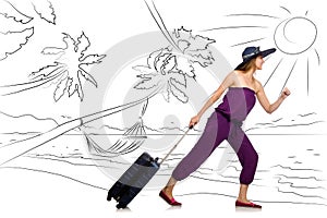 The young woman travelling tropical island in travel concept