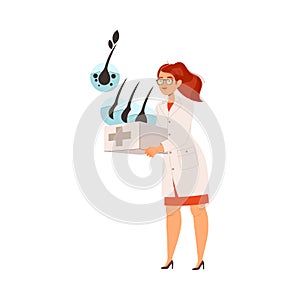 Young Woman Trichologist or Hair Doctor Standing in White Coat and Hair Follicle Vector Illustration