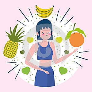 Young woman with tropical fruits nutrition healthy life