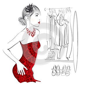 Young woman trying red dress