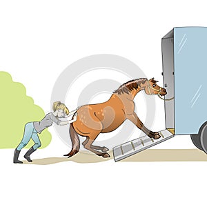 Young woman trying to load a horse on trailer