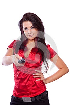 Young woman with TV remote control