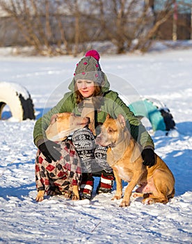 Young woman with two American Pit Bull Terrier winter