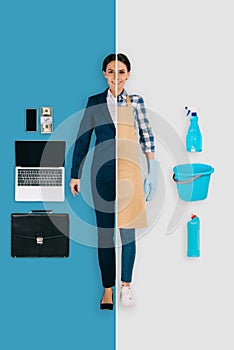 young woman in two occupations of cleaner and businesswoman on different