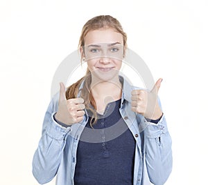 Young woman two thumbs