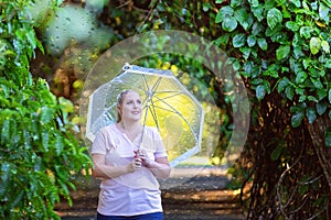 Young Woman With Umbrella Strolling In Rain