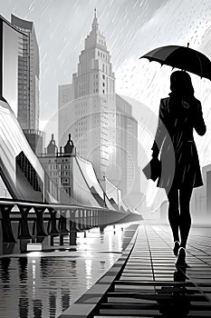 Young woman with umbrella walking in the rain in the city street