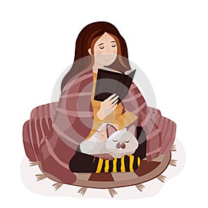 Young woman under a blanket reading book. Vector illustration.