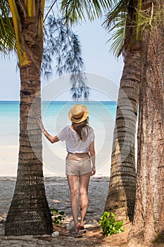 A young woman under a palm tree on the shore of the Gulf of Thailand. Woman in a hat looks at the sea