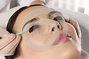 Young woman undergoing eyelash lamination and tint in salon, closeup