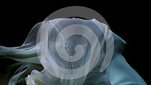 Young woman underwater model in white cloth on background of blue water.