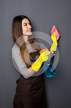 Young woman use spray while cleaning up house posing for camera on grey background