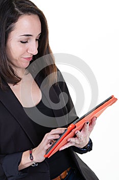 Young woman use tablet pc under white background