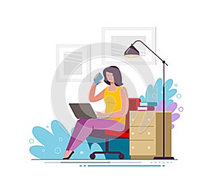 Young woman uses laptop and smartphone at home. Business vector illustration