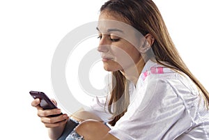 Young woman uses phone to communicate