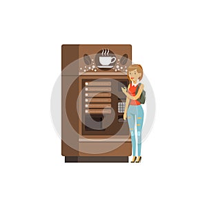 Young woman using coffee vending machine, automatic device for hot drinks, auto beverage maker vector Illustration