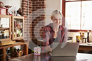 Young woman using computer in kitchen, close up front view