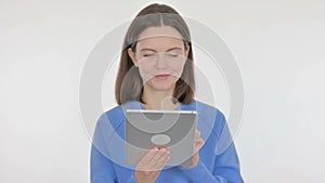 Young Woman using Digital Tablet on White Background
