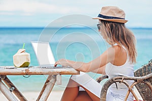 Young woman using laptop on the beach. Freelance work