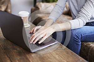 Young woman using laptop in a coffee shop, mid section