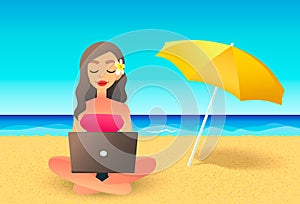 Young woman using laptop computer on a beach. Freelance work concept. Cartoon flat girl working near the ocean. Freelancer working