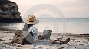 Young woman using laptop computer on beach, freelancer girl working remote, Freelance work, online learning, distant work concept