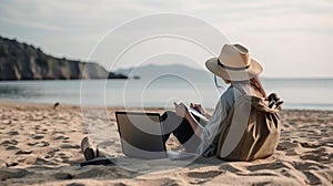 Young woman using laptop computer on beach, freelancer girl working remote, Freelance work, online learning, distant work concept