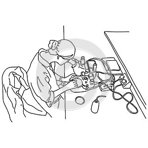 Young woman using microscopes in the laboratory vector illustration sketch doodle hand drawn with black lines isolated on white