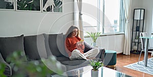 Young woman using mobile cell phone sitting on couch in living room.