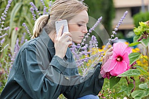 young woman using smart phone in garden