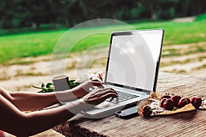 Young woman using and typing laptop computer at rough wooden table with coffee cup, strawberries, bouquet of peonies flowers, photo