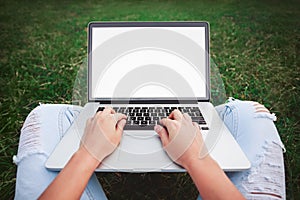 Young woman using and typing laptop computer in summer grass. Freelancer working in outdoor park