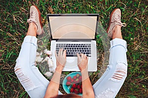 Young woman using and typing laptop computer in summer grass. Freelancer working in outdoor park