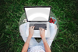 Young woman using and typing laptop computer in summer grass. Freelancer working in outdoor park.