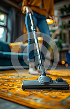 Young woman using vacuum cleaner while cleaning carpet in the living room.